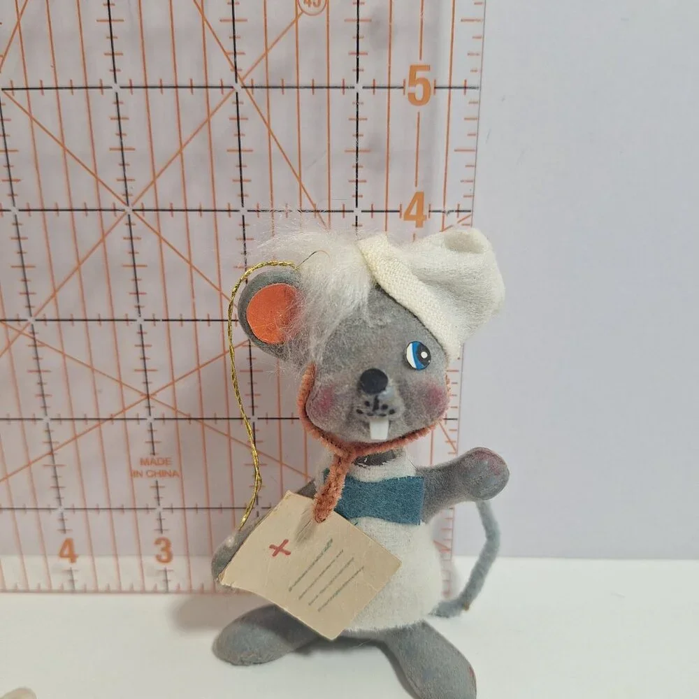 3 Vtg Flocked Mouse Mice Lot 4" Christmas Ornaments White Gray Nurse Adorable! - Picture 10 of 11